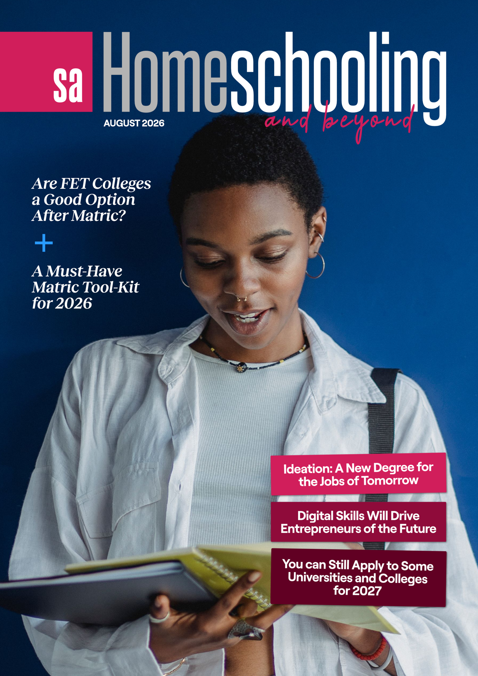 Woman with short hair reading a notebook against a blue backdrop on a magazine cover about homeschooling; bold white title and pink accent text.